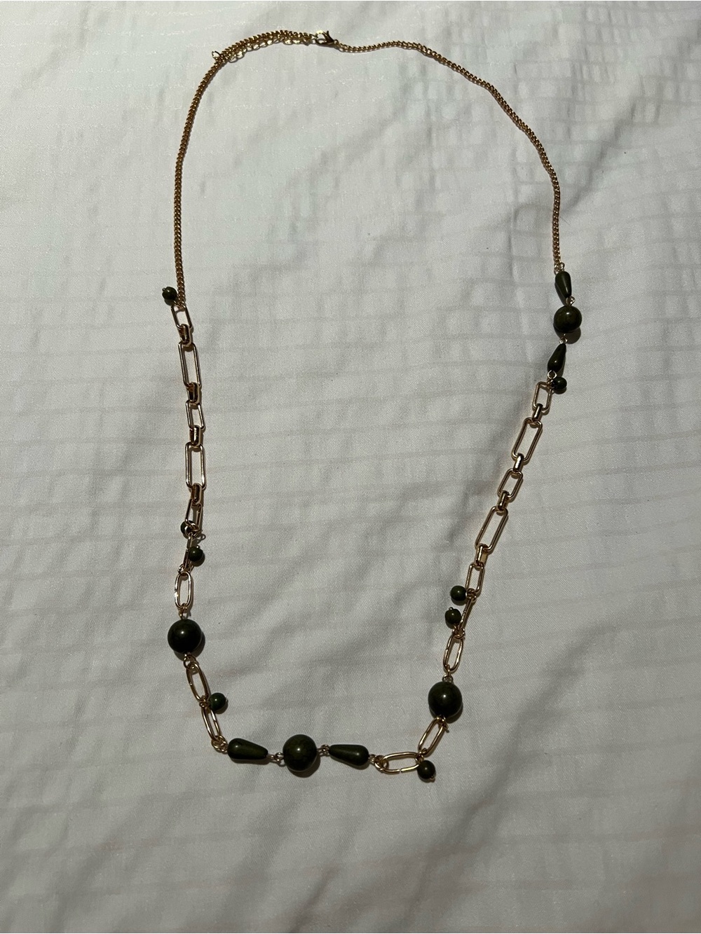Gold Chain Necklace with Dark Green Beads - Women Jewelry